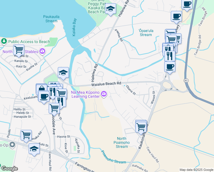 map of restaurants, bars, coffee shops, grocery stores, and more near 66-280 Waialua Beach Road in Haleiwa