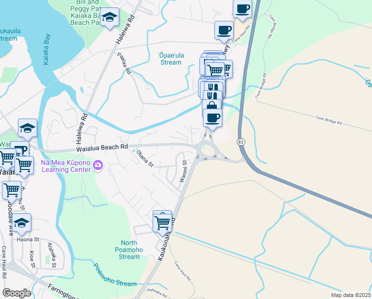 map of restaurants, bars, coffee shops, grocery stores, and more near 66-946 Kamakahala Street in Waialua
