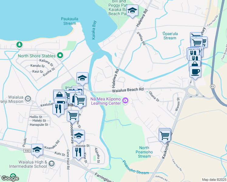 map of restaurants, bars, coffee shops, grocery stores, and more near 66 Haleiwa Road in Haleiwa