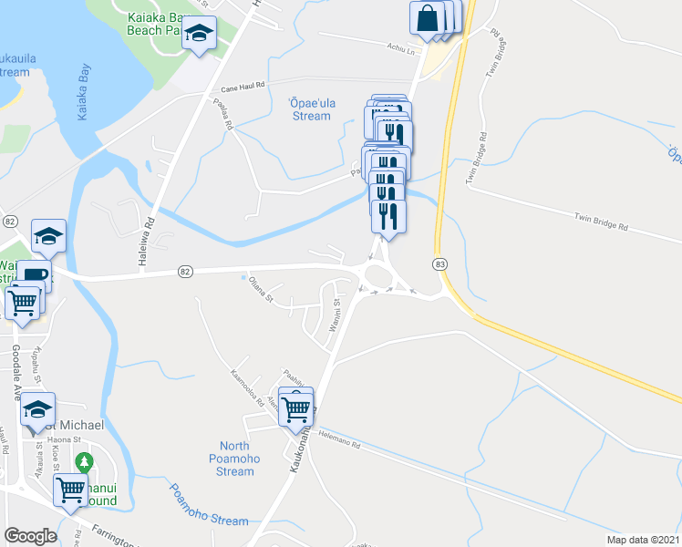 map of restaurants, bars, coffee shops, grocery stores, and more near 66-946 Kamakahala Street in Waialua