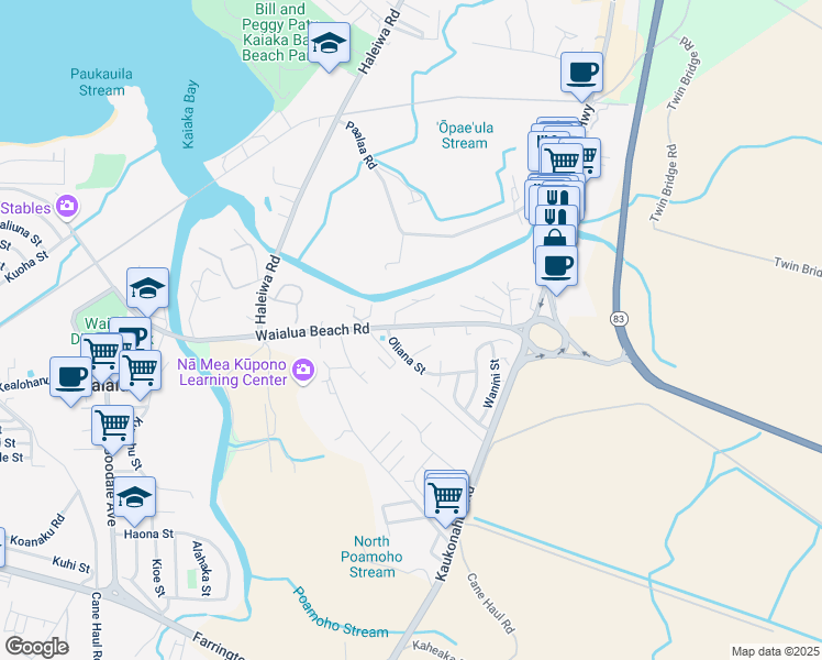map of restaurants, bars, coffee shops, grocery stores, and more near 66140 Waialua Beach Road in Haleiwa