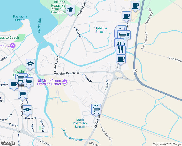 map of restaurants, bars, coffee shops, grocery stores, and more near 66140 Waialua Beach Road in Haleiwa