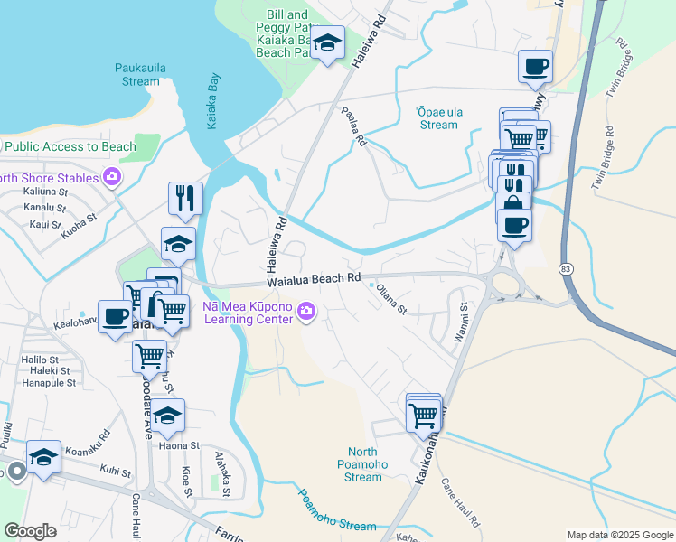 map of restaurants, bars, coffee shops, grocery stores, and more near 247 Waialua Beach Road in Haleiwa