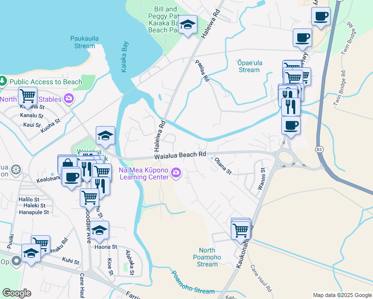 map of restaurants, bars, coffee shops, grocery stores, and more near 66-280 Waialua Beach Road in Haleiwa