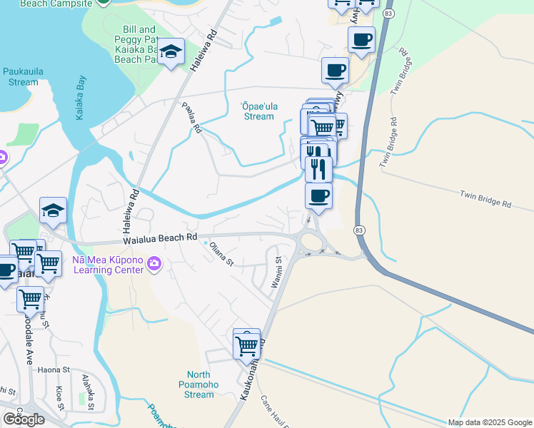 map of restaurants, bars, coffee shops, grocery stores, and more near 66-39 Waialua Beach Road in Haleiwa