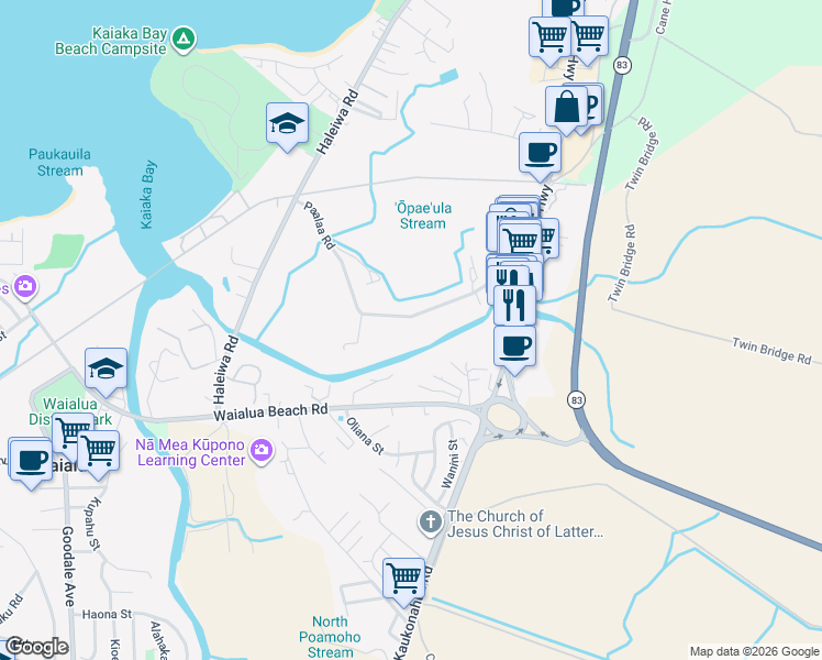 map of restaurants, bars, coffee shops, grocery stores, and more near 66-351 Paalaa Road in Haleiwa