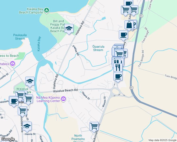 map of restaurants, bars, coffee shops, grocery stores, and more near 66-321 Paalaa Road in Haleiwa