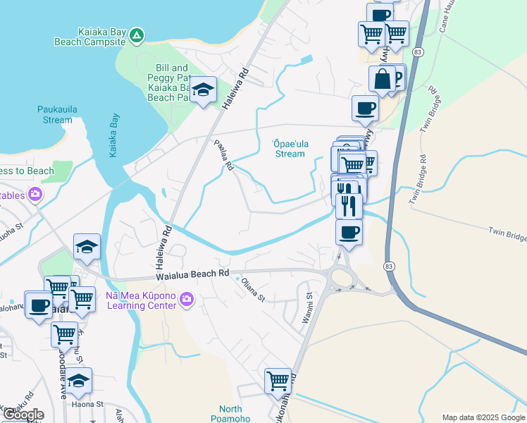 map of restaurants, bars, coffee shops, grocery stores, and more near 66-321 Paalaa Road in Haleiwa