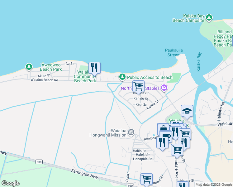 map of restaurants, bars, coffee shops, grocery stores, and more near 67-381 Kukea Circle in Waialua