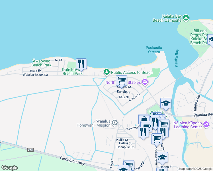 map of restaurants, bars, coffee shops, grocery stores, and more near 67353 Kukea Circle in Waialua