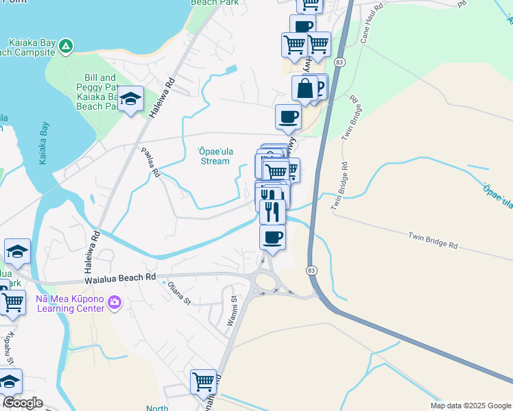 map of restaurants, bars, coffee shops, grocery stores, and more near 66-457 Kamehameha Highway in Haleiwa