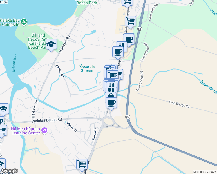 map of restaurants, bars, coffee shops, grocery stores, and more near 66-477 Paalaa Road in Haleiwa