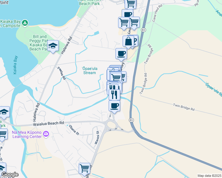 map of restaurants, bars, coffee shops, grocery stores, and more near 66-477 Paalaa Road in Haleiwa