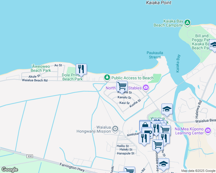 map of restaurants, bars, coffee shops, grocery stores, and more near 67-353 Kukea Circle in Waialua