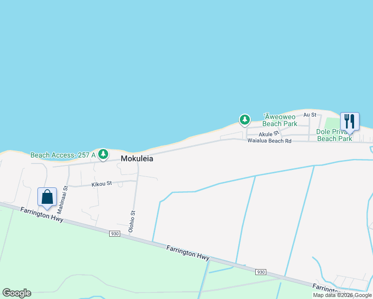 map of restaurants, bars, coffee shops, grocery stores, and more near 68-385 Crozier Drive in Waialua