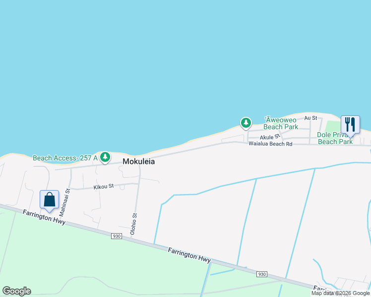 map of restaurants, bars, coffee shops, grocery stores, and more near 68-385 Crozier Drive in Waialua