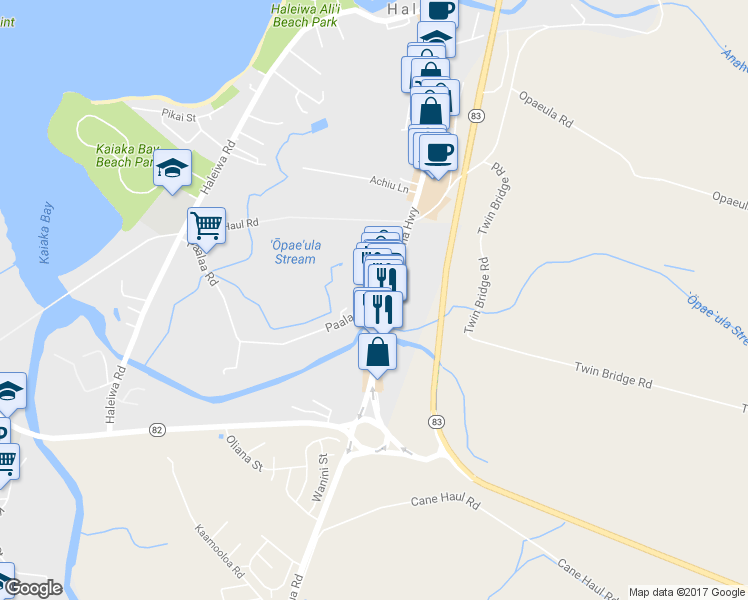 map of restaurants, bars, coffee shops, grocery stores, and more near 66-457 Kamehameha Highway in Haleiwa