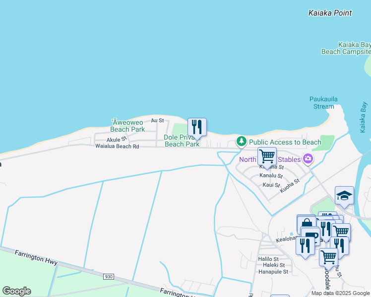 map of restaurants, bars, coffee shops, grocery stores, and more near 67-339 Kaiea Place in Waialua