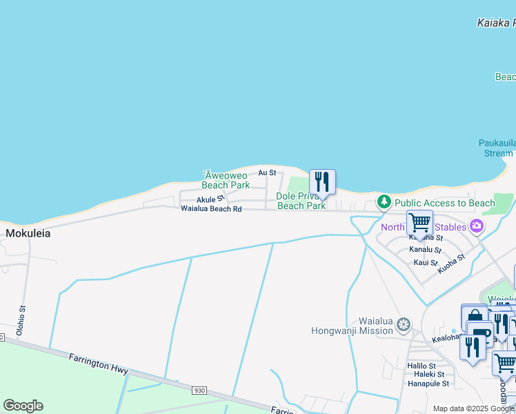 map of restaurants, bars, coffee shops, grocery stores, and more near 68-46 Apuhihi Street in Waialua
