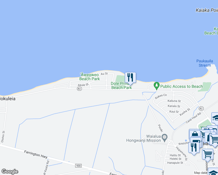 map of restaurants, bars, coffee shops, grocery stores, and more near 68 Au Street in Waialua