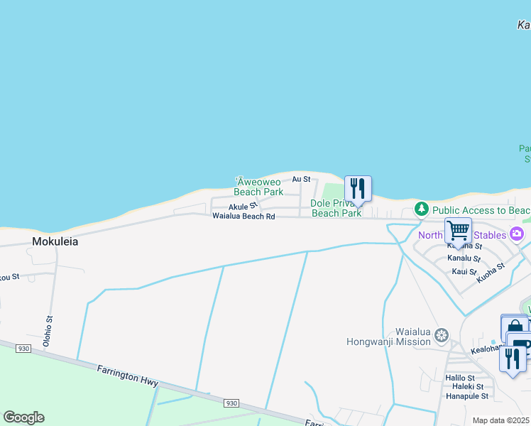 map of restaurants, bars, coffee shops, grocery stores, and more near 68-18 Au Street in Waialua