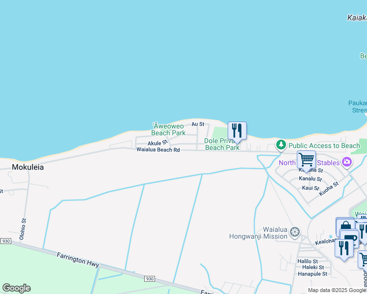 map of restaurants, bars, coffee shops, grocery stores, and more near 68-18 Au Street in Waialua