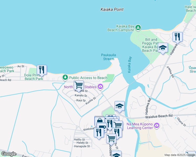 map of restaurants, bars, coffee shops, grocery stores, and more near 67-242 Kahaone Loop in Waialua