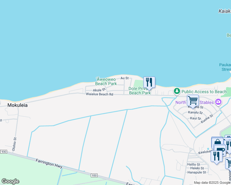 map of restaurants, bars, coffee shops, grocery stores, and more near 68-18 Au Street in Waialua