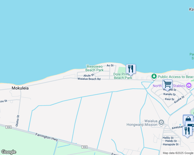 map of restaurants, bars, coffee shops, grocery stores, and more near 68-18 Au Street in Waialua