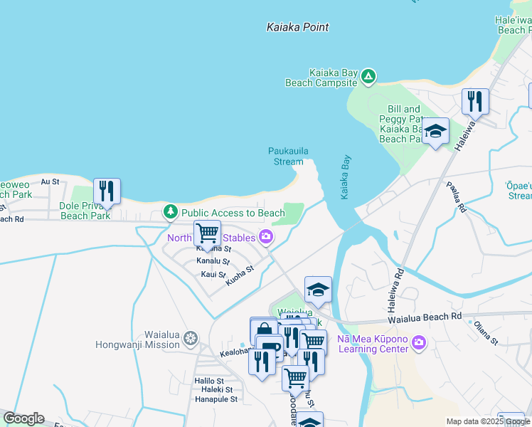 map of restaurants, bars, coffee shops, grocery stores, and more near 67-211 Kahaone Loop in Waialua