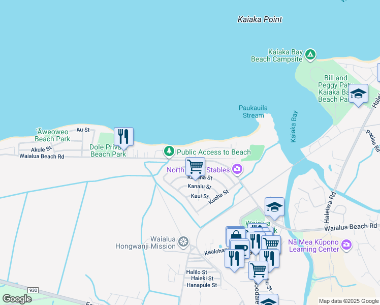 map of restaurants, bars, coffee shops, grocery stores, and more near 67-309 Kiapoko Place in Waialua
