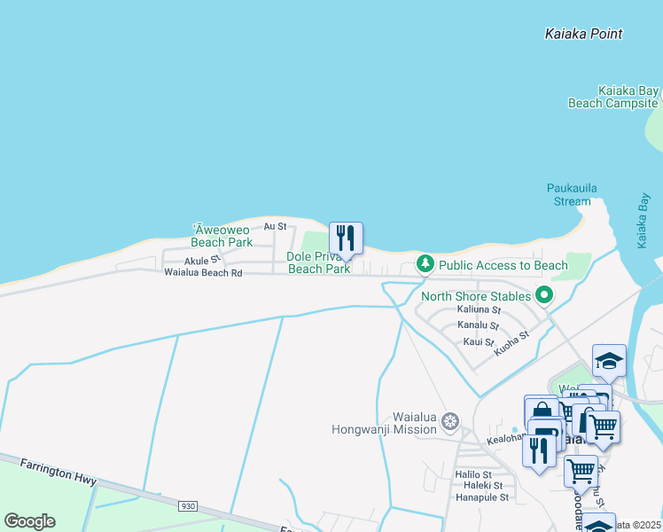 map of restaurants, bars, coffee shops, grocery stores, and more near 67-339 Kaiea Place in Waialua