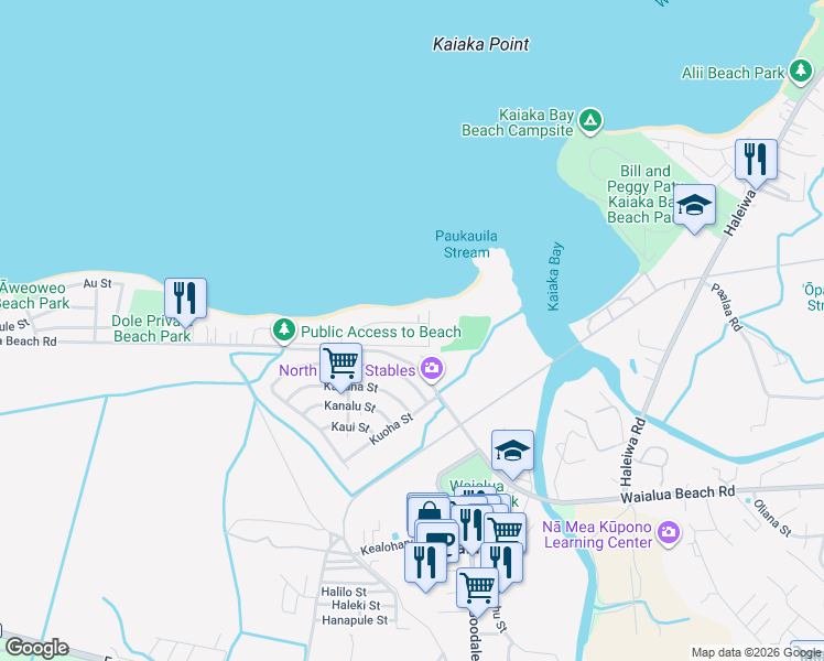 map of restaurants, bars, coffee shops, grocery stores, and more near 67-234 Kahaone Loop in Waialua