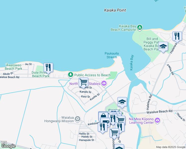 map of restaurants, bars, coffee shops, grocery stores, and more near 67-275 Kahaone Loop in Waialua