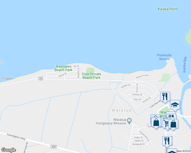 map of restaurants, bars, coffee shops, grocery stores, and more near 67-339 Kaiea Place in Waialua