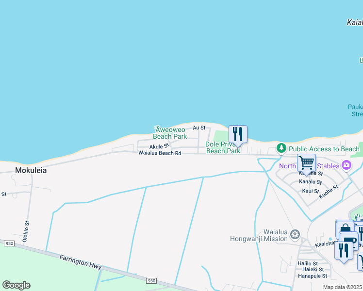 map of restaurants, bars, coffee shops, grocery stores, and more near 68-18 Au Street in Waialua
