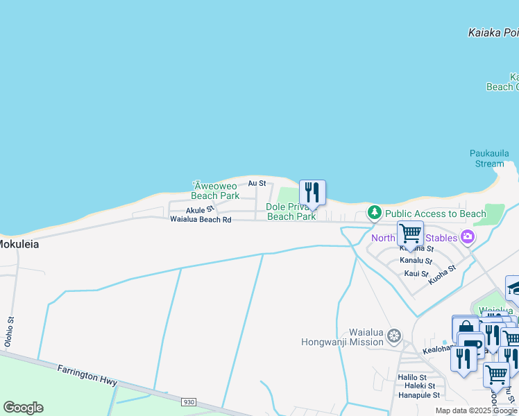map of restaurants, bars, coffee shops, grocery stores, and more near 68-46 Apuhihi Street in Waialua