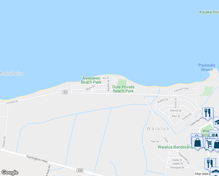 map of restaurants, bars, coffee shops, grocery stores, and more near 68-46 Apuhihi Street in Waialua