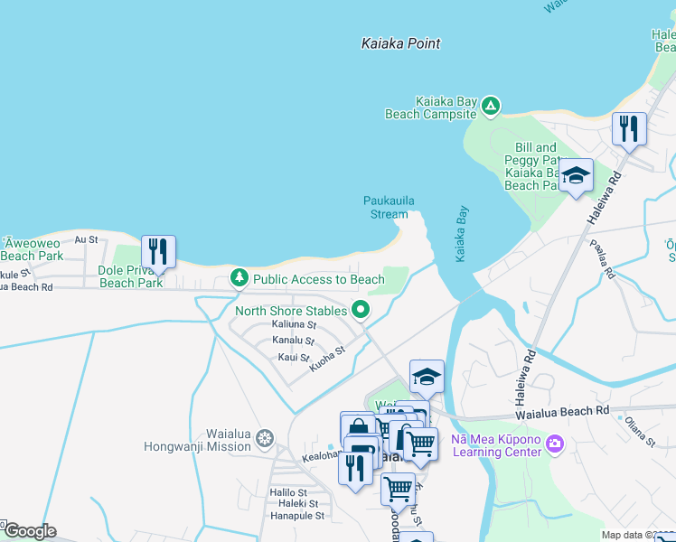 map of restaurants, bars, coffee shops, grocery stores, and more near 67-242 Kahaone Loop in Waialua