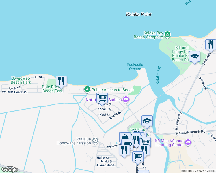 map of restaurants, bars, coffee shops, grocery stores, and more near 67-275 Kahaone Loop in Waialua