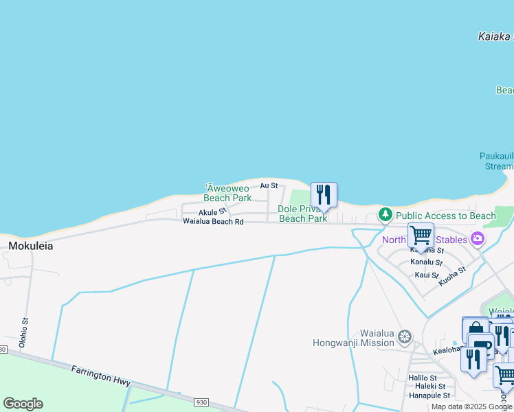 map of restaurants, bars, coffee shops, grocery stores, and more near 68-46 Apuhihi Street in Waialua