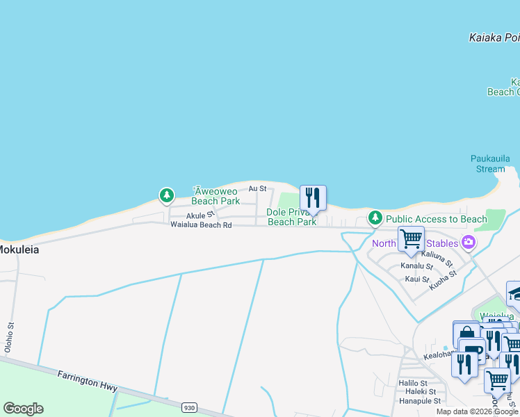 map of restaurants, bars, coffee shops, grocery stores, and more near 68-36 Apuhihi Street in Waialua