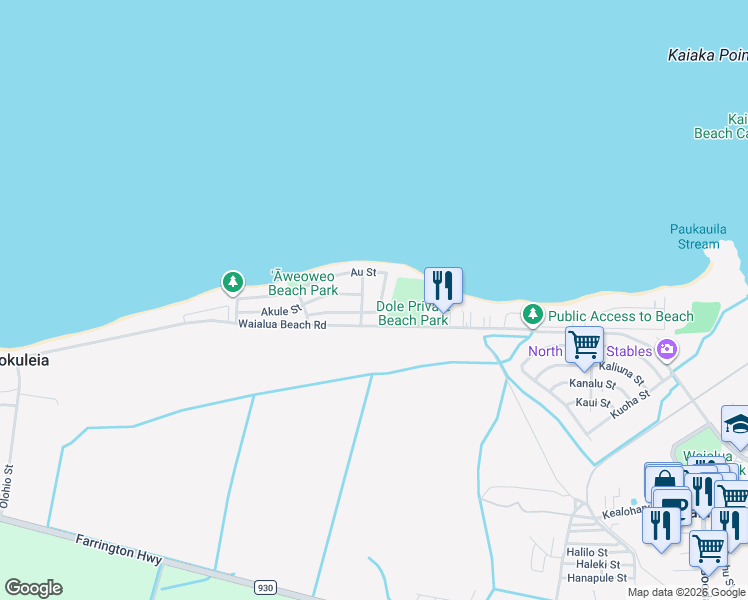 map of restaurants, bars, coffee shops, grocery stores, and more near 68-78 Au Street in Waialua