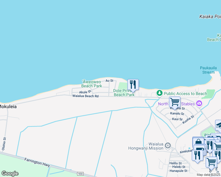 map of restaurants, bars, coffee shops, grocery stores, and more near 68-46 Apuhihi Street in Waialua
