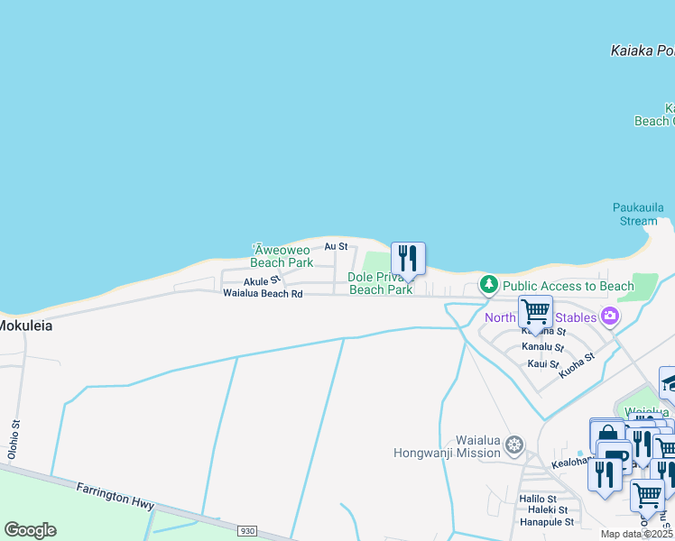 map of restaurants, bars, coffee shops, grocery stores, and more near 68-46 Apuhihi Street in Waialua