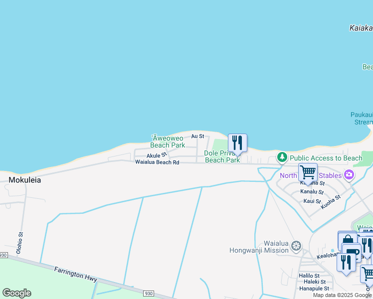 map of restaurants, bars, coffee shops, grocery stores, and more near 68-58 Akule Street in Waialua