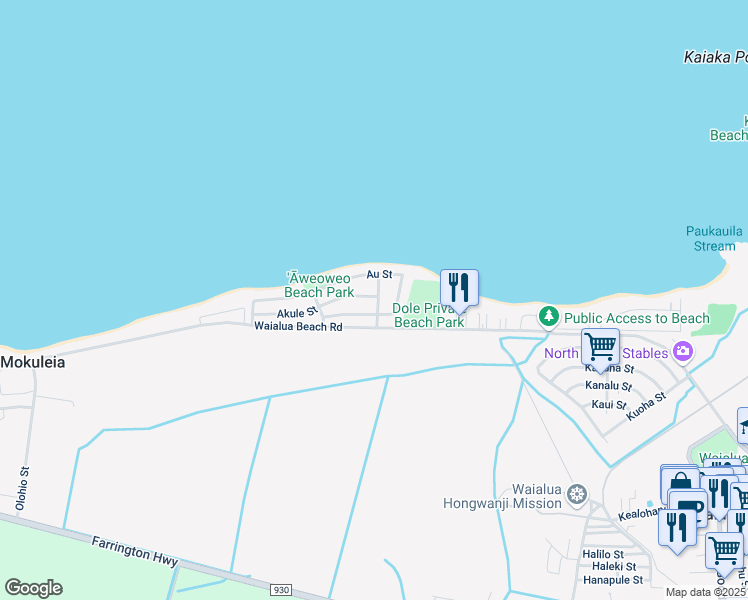 map of restaurants, bars, coffee shops, grocery stores, and more near 68-46 Apuhihi Street in Waialua