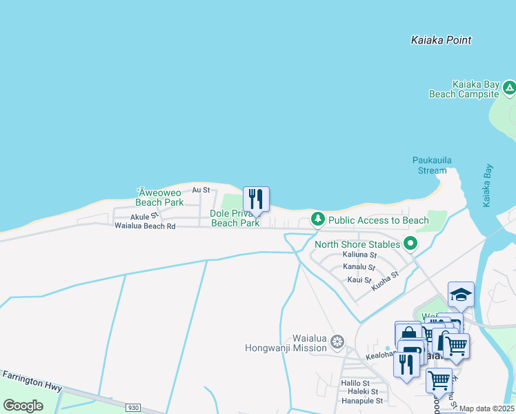 map of restaurants, bars, coffee shops, grocery stores, and more near 67-339 Kaiea Place in Waialua