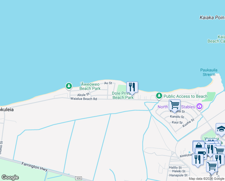 map of restaurants, bars, coffee shops, grocery stores, and more near 68-46 Apuhihi Street in Waialua
