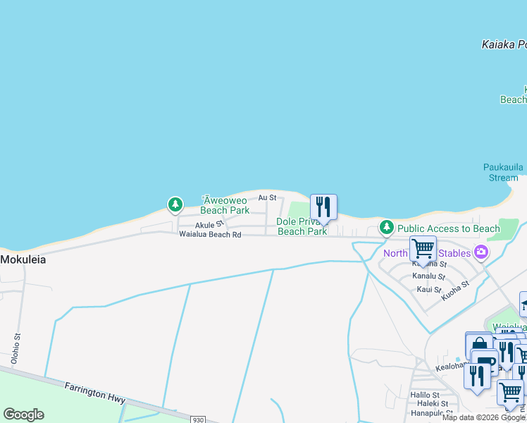 map of restaurants, bars, coffee shops, grocery stores, and more near 68-134 Au Street in Waialua